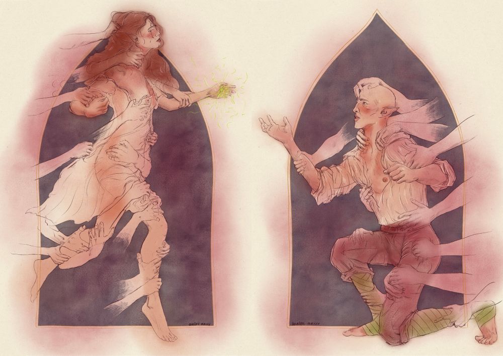Ellana Lavellan and Solas reach for each other while hands hold them back.