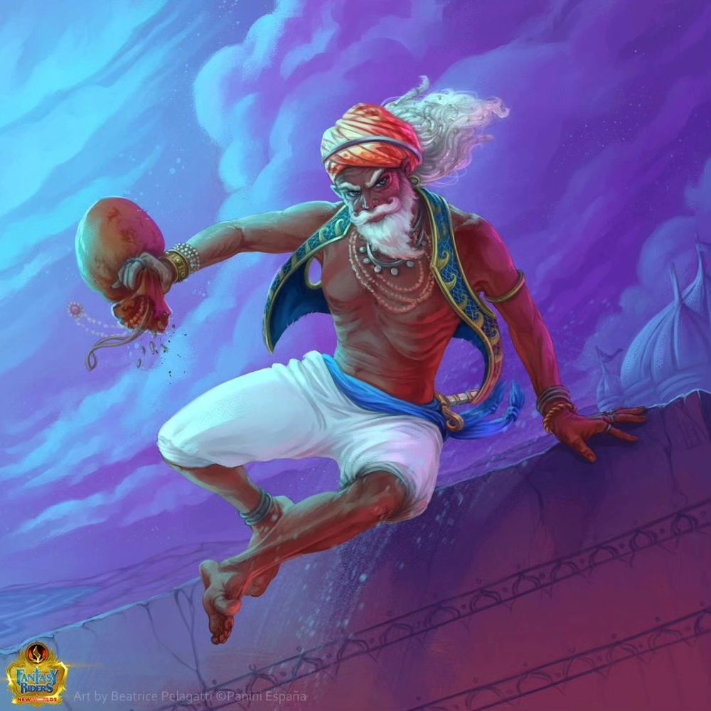 An old middleast man, with tanned skin, white beard and hair is jumping down a rooftop while running away. He just robbed someone and has a bag full of loot