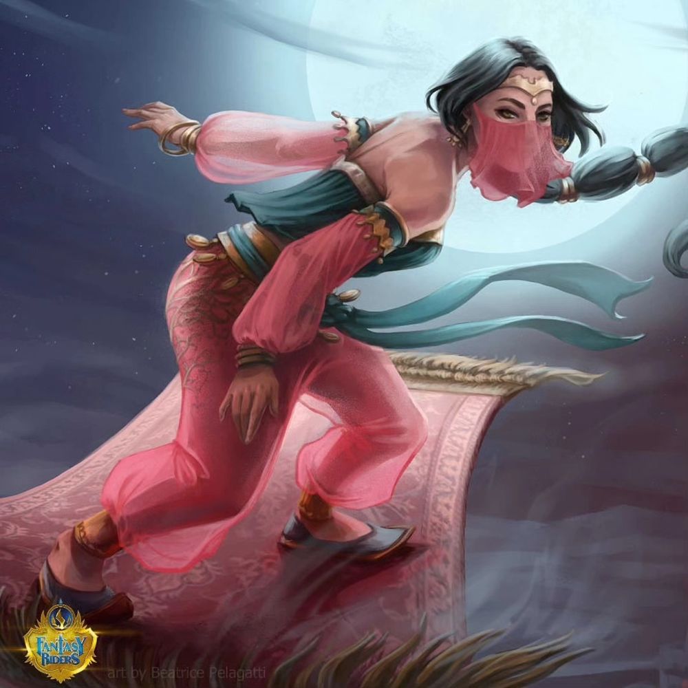 Middleast young woman with dark long hair, flying on a magic carpet above a city
