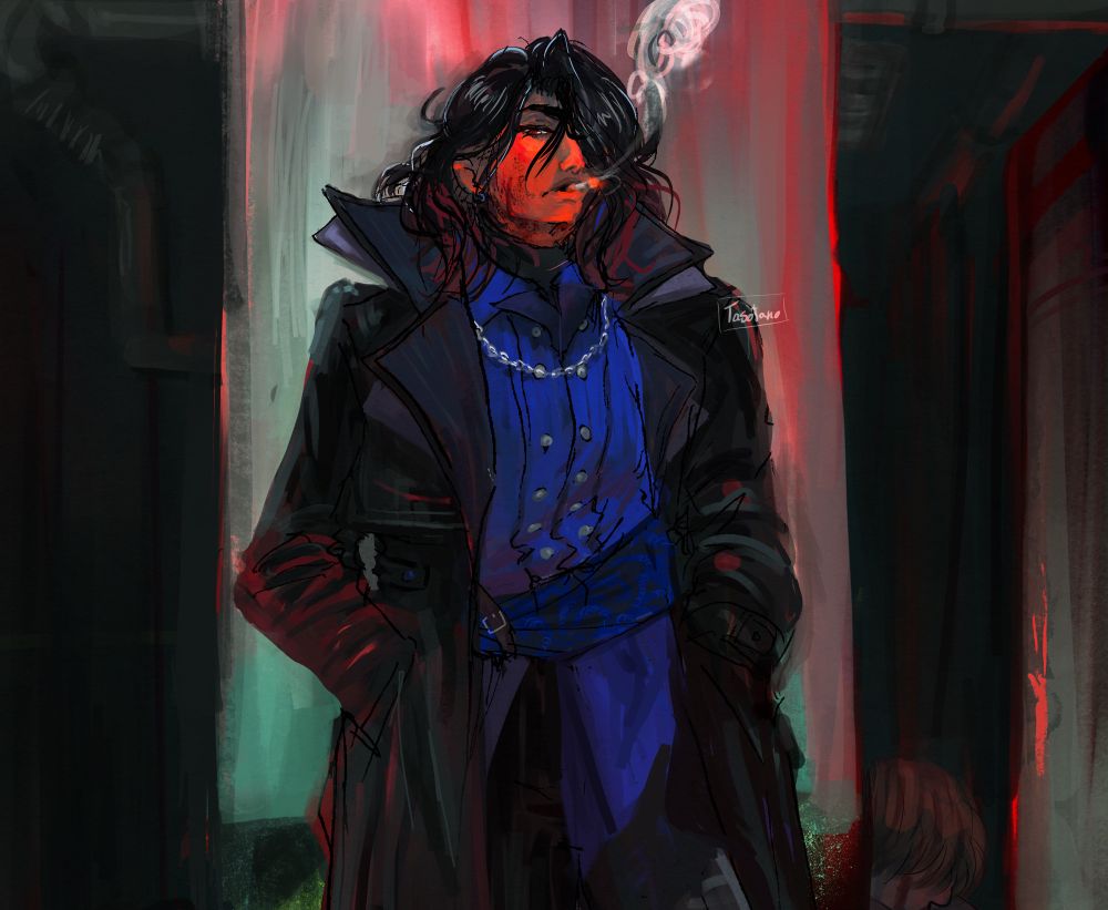 رسمة لشادي و هو واقف يدخن في موقف سيارات و وجهه ملطخ بالدماء