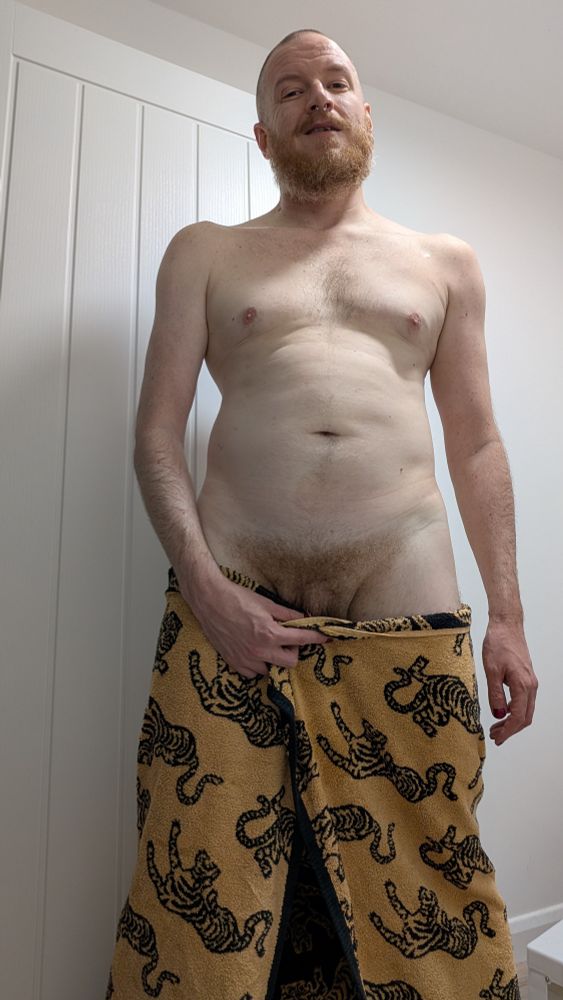 After bath in just towel with dick root