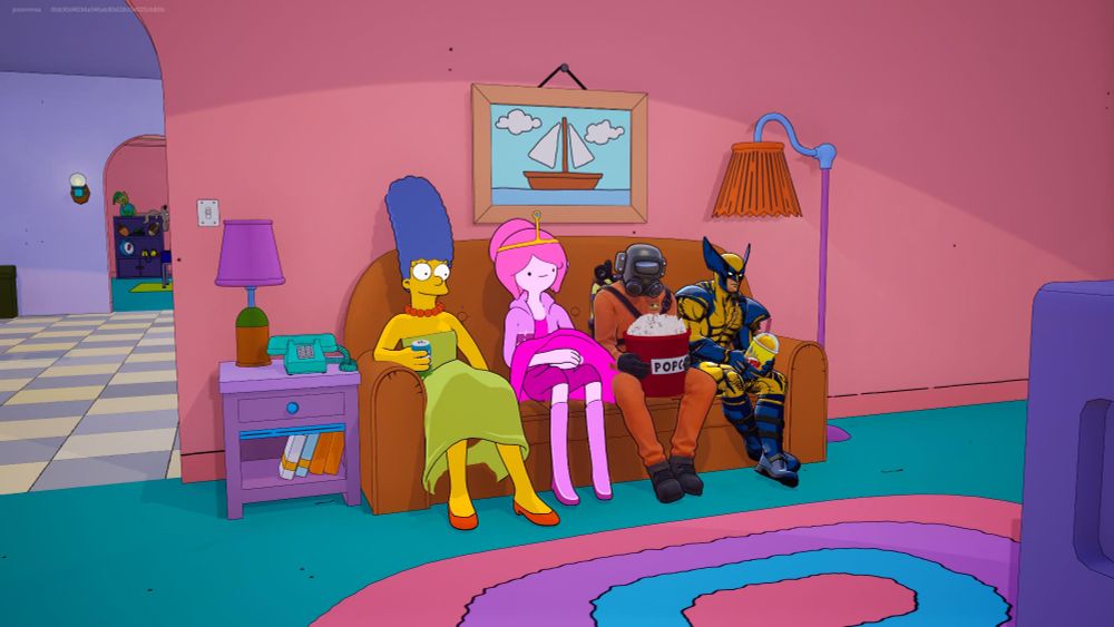 Marge, Princess Bubblegum, Lethal Company Employee, and Wolverine sitting on the Simpsons couch in Fortnite