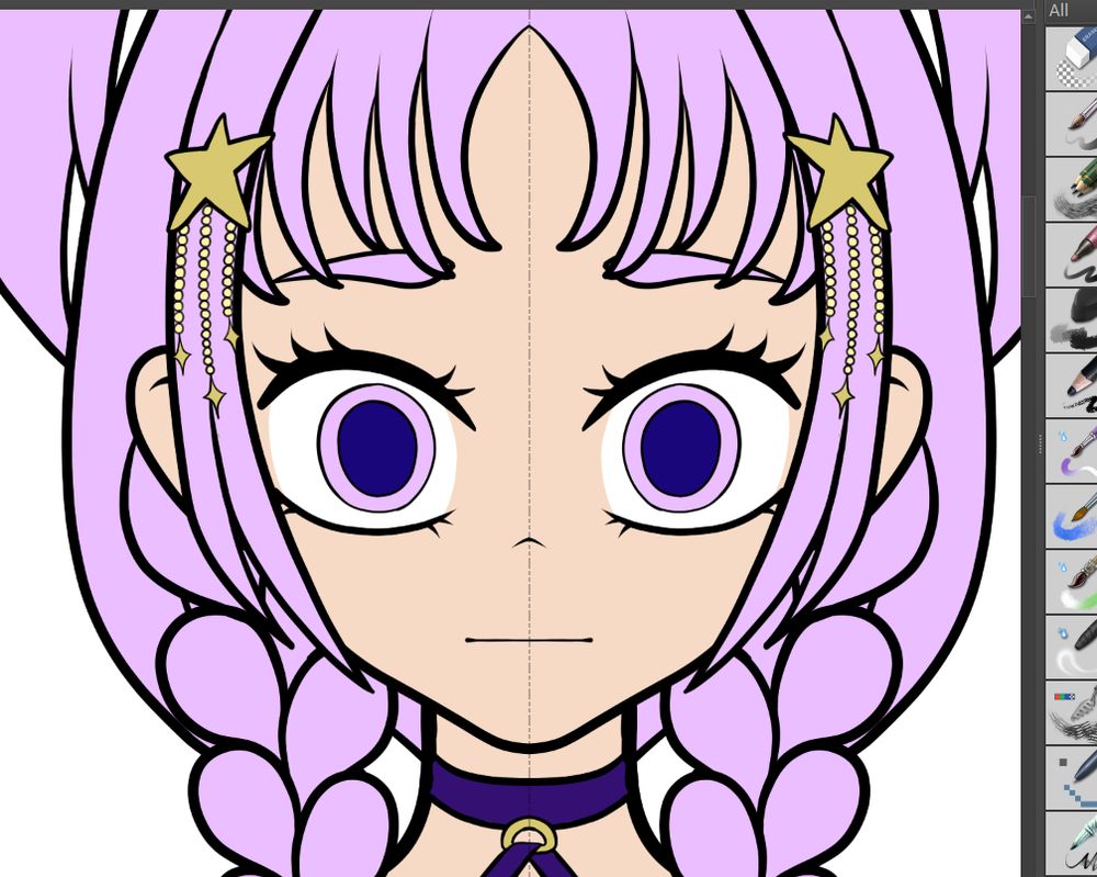 Screenshot of drawing program showing a work in progress of a vtuber model. It is zoomed in on the face, the model has lilac coloured hair and eyes, and star shaped hair accessories. She seems a little bit cross-eyed.