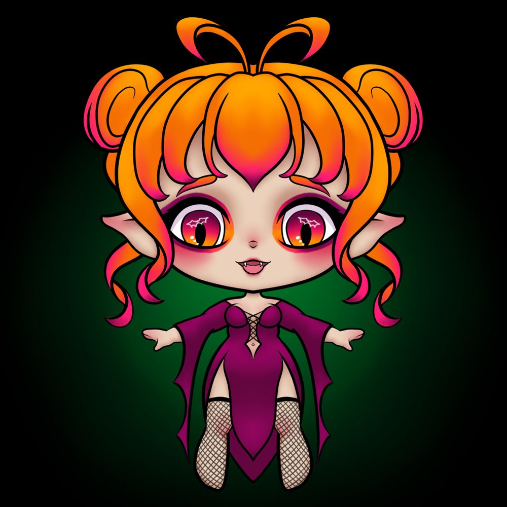 Drawing of Izumi imagined as a vampire - she has little vampire fangs, no wings, and her dress has bat wing sleeves and a skirt with slits right up the thighs. 