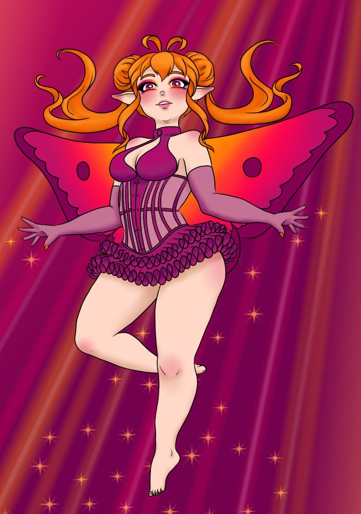 A drawing of Izumi floating against a purple and orange backdrop; her wings are spread and she holds her hands out to her sides, dropping little magic fairy sparkles. Her hair, in it's usual style, is floating up behind her.