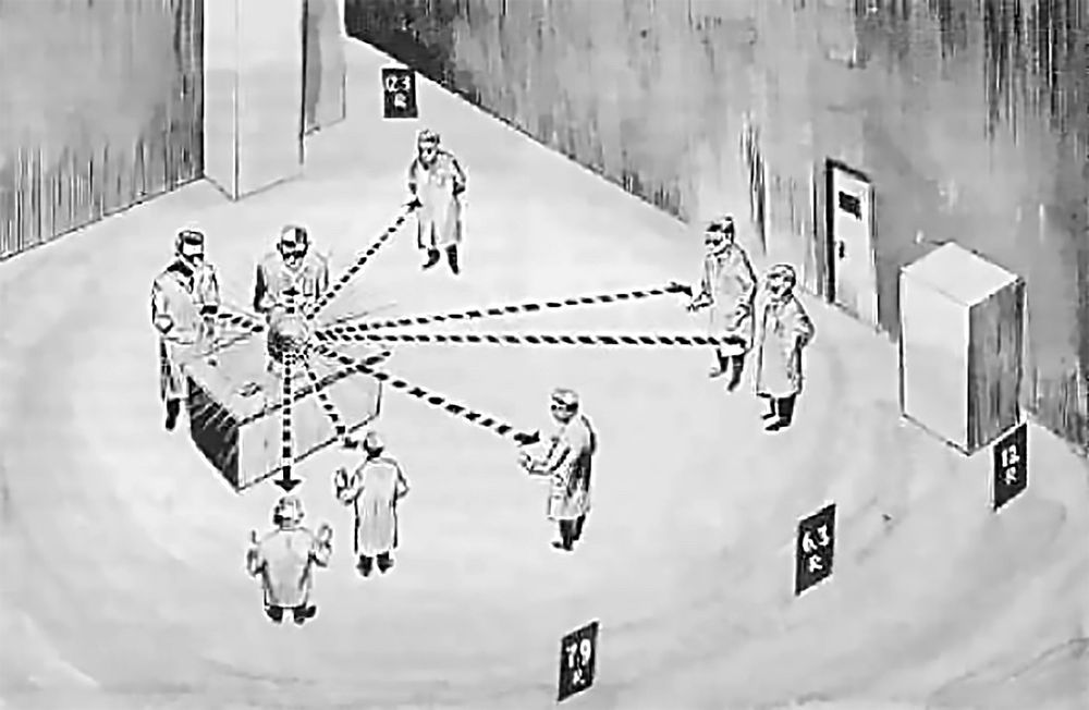 diagram of distance from louis slotin demon core criticality incident used to calculate radiation doses everyone in the room received since nobody was wearing their damn dosimeters!!!