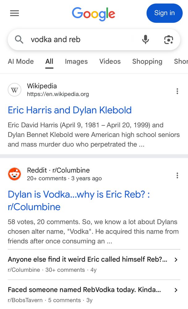 google results for “vodka and reb” where the first result is literally eric harris and dylan klebold