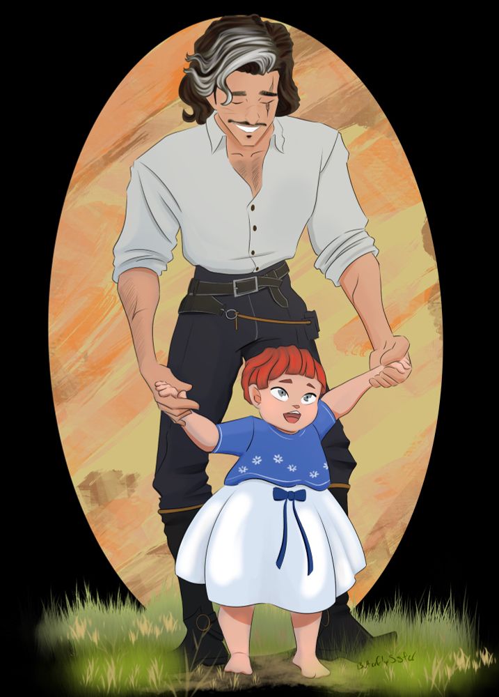 Baby Maelle in a blue and white dress being held by Verso as she walks.