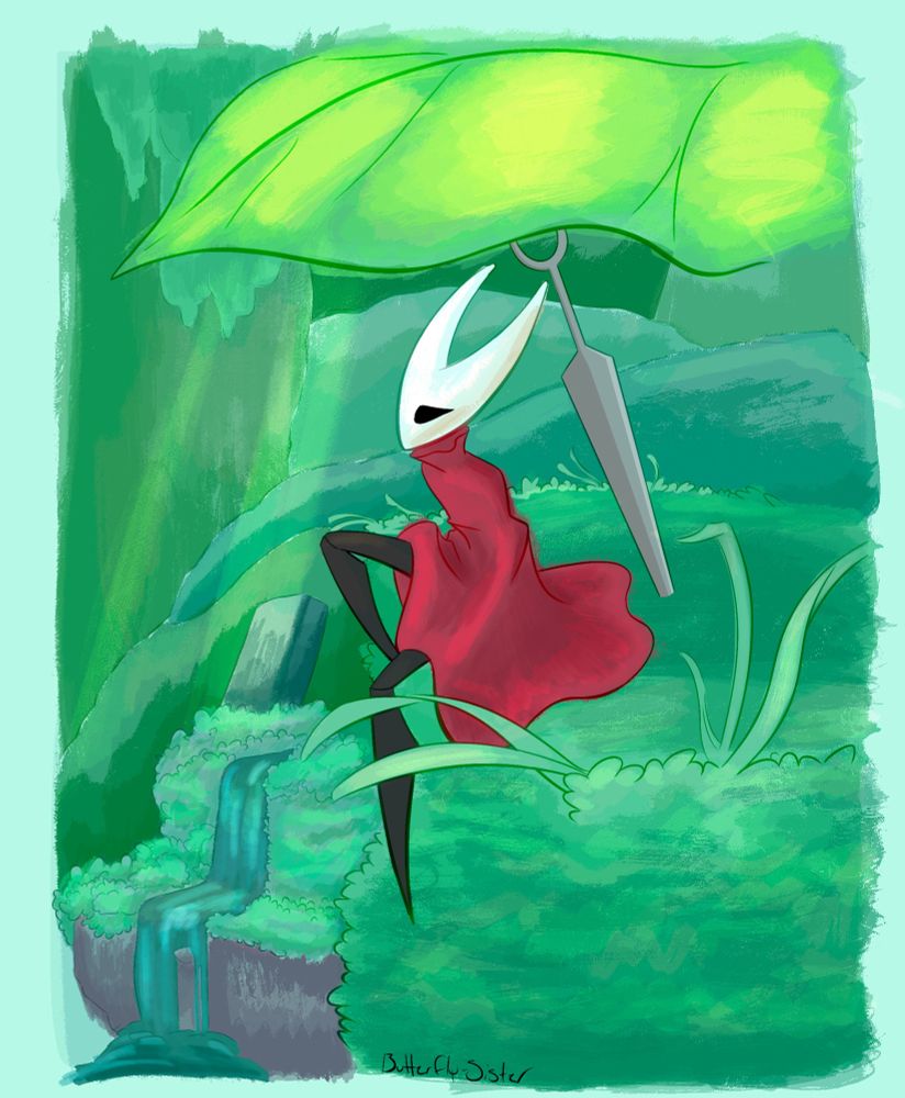 Drawing of Hornet from hollow knight sitting under a leave in green path. In the distance there is a waterfall. 