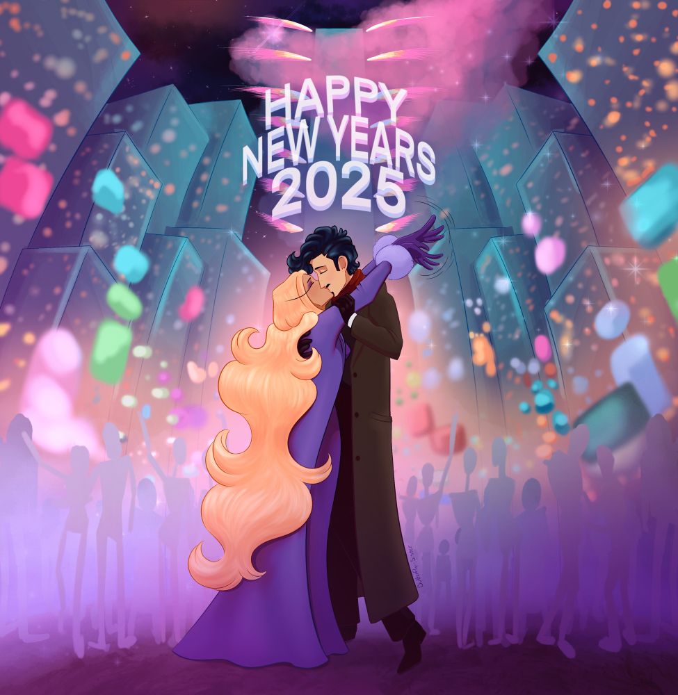 An illustrated couple kissing under a "Happy New Year 2025" sign, surrounded by colorful lights and a festive crowd.