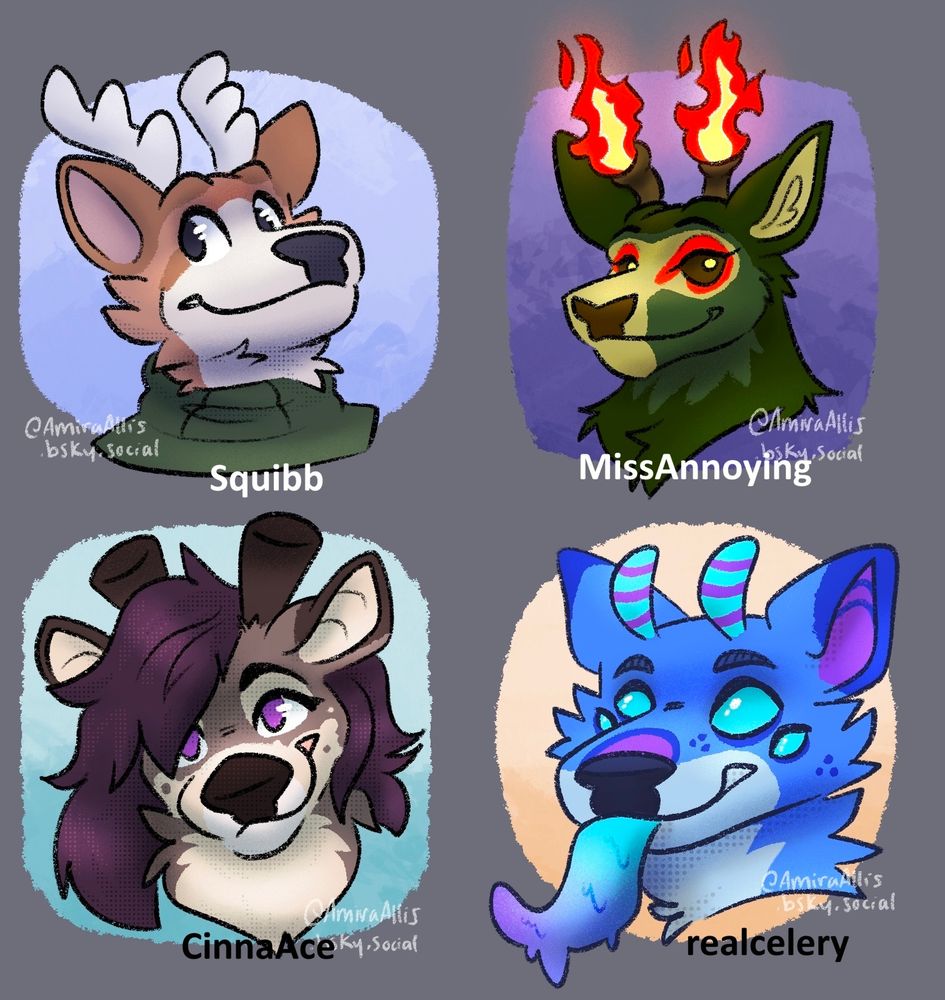 4 of 8 headshots of deer fursonas/OCs. 

Consists of an anthropomorphic piebald deer in a sweatshirt, a plant-themed green deer with fire coming out where the antlers should be, a feminine deer smiling at the viewer, and an alien slime deer with 4 eyes.  

Art Fight usernames in order: Squibb, MissAnnoying, CinnaAce, realcelery