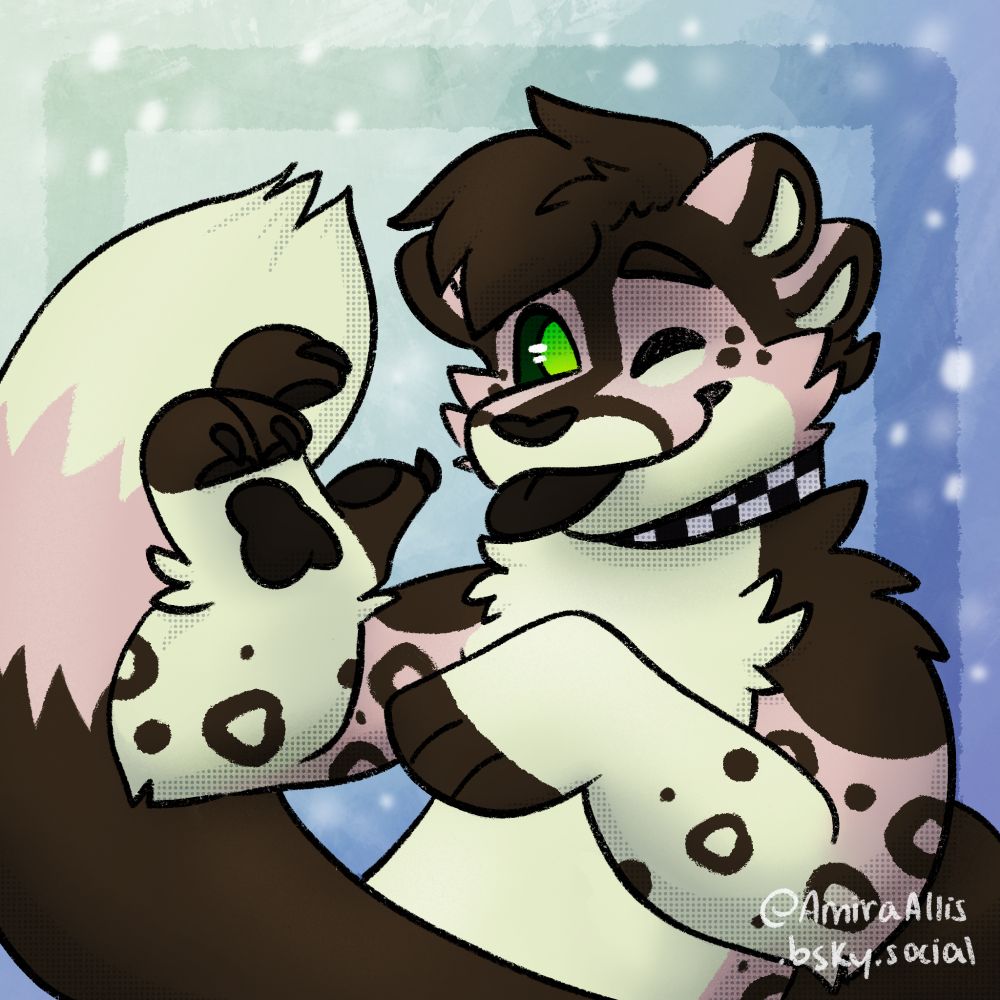 A pink anthropomorphic snow leopard bleps and winks towards the viewer as snow lightly falls around them