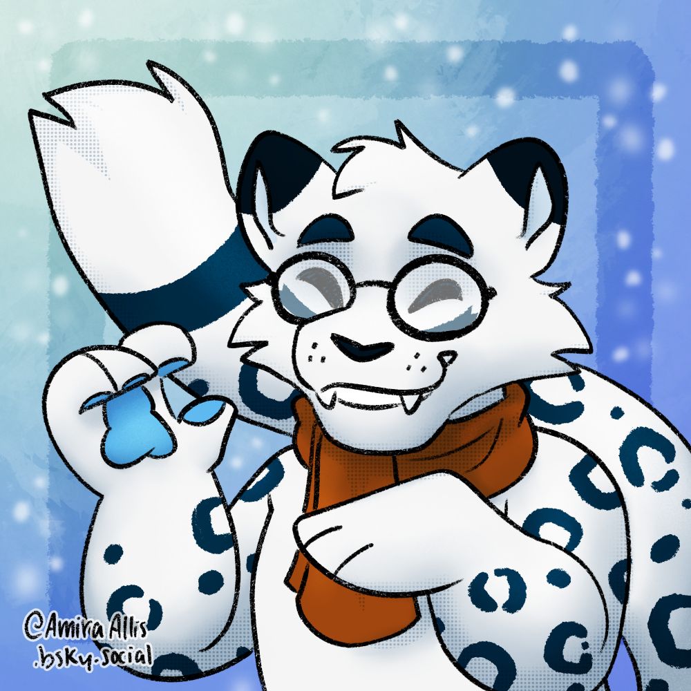 An anthropomorphic snow leopard with a dark orange scarf is waving at the viewer as snow lightly falls around them