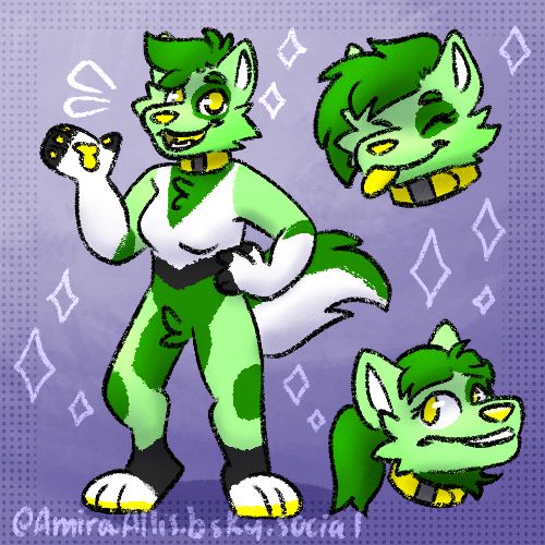 A feminine anthro fox/wolf hybrid standing with a hand on their hip and waving. There are two separate head shots showing different hairstyles. 