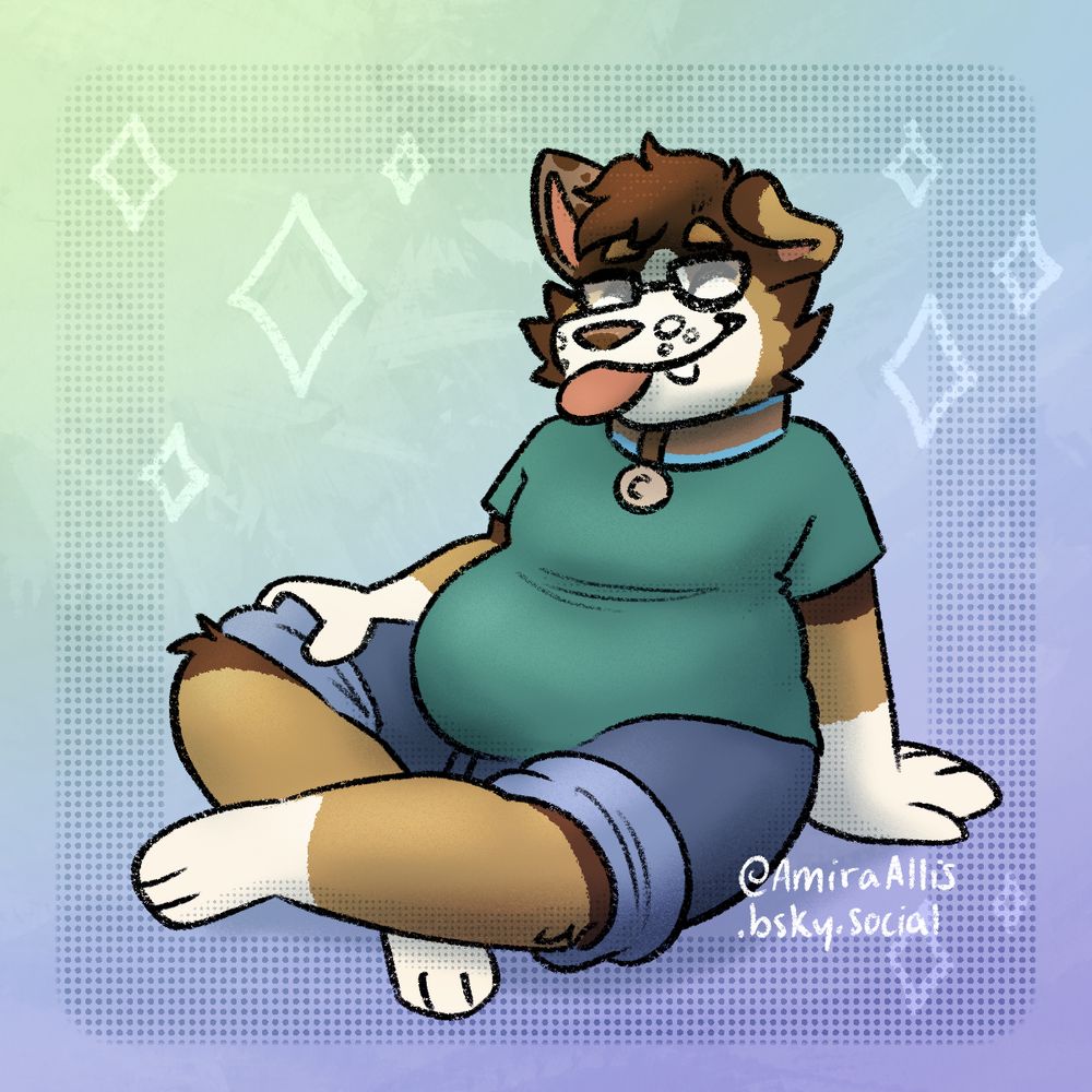 A chubby anthropomorphic dog sitting on the ground cross-legged
