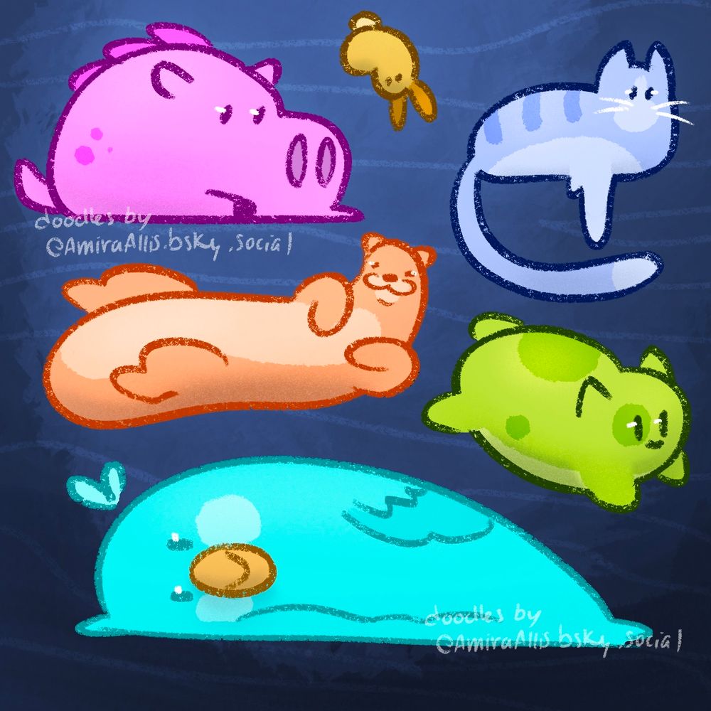 Various blobs that have been turned into animals and colored. There is a pig, a rabbit, a cat, a bird, and two non animals that may be close to an otter and a dog.