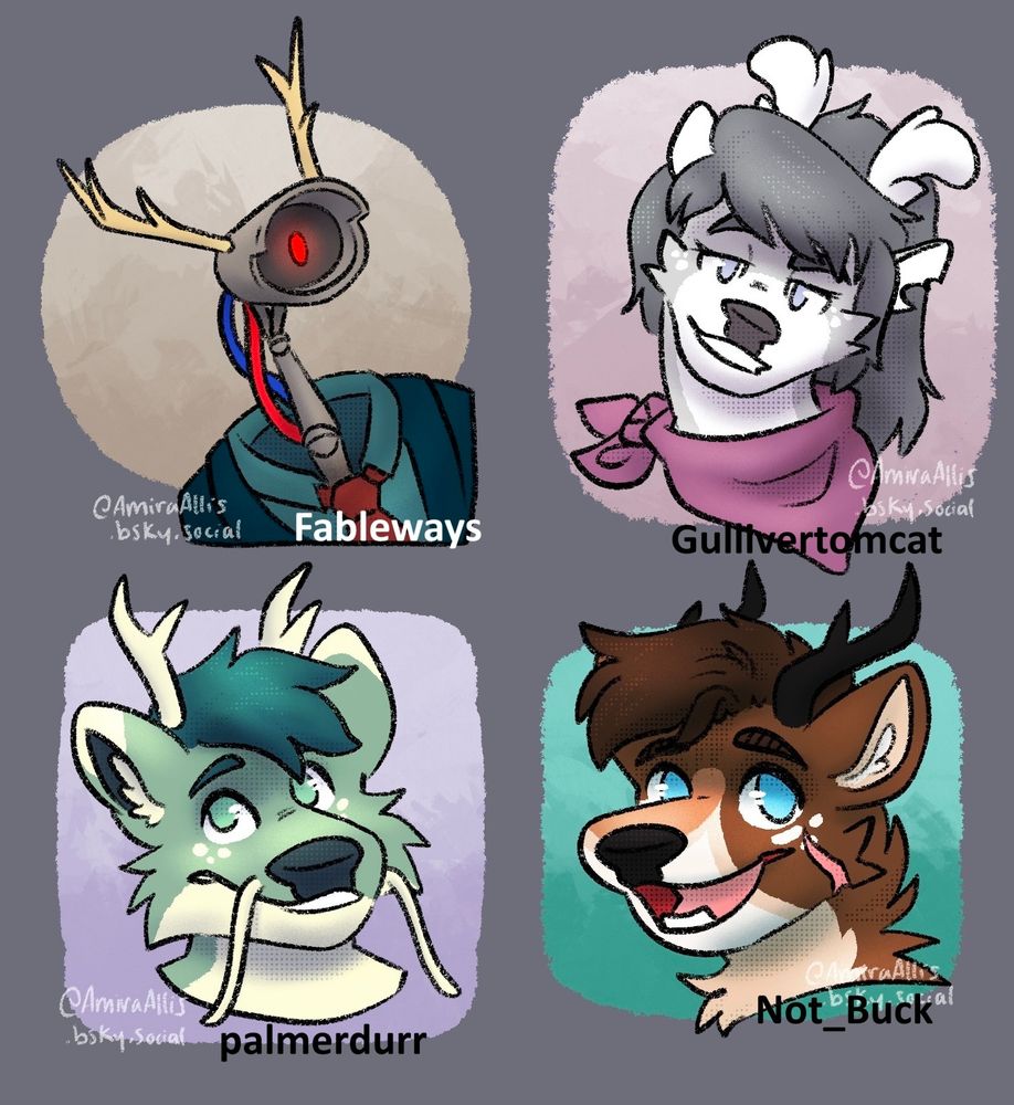 4 of 8 headshots of deer fursonas/OCs. 

Consists of an anthropomorphic security camera in a suit with antlers on it, a feminine anthro deer with a smug expression and a bandana, a deer dragon hybrid, and a happy deer with a scar on one side of the face. 

Art Fight usernames in order: Fableways, Gullivertomcat, palmerdurr, and Not_Buck