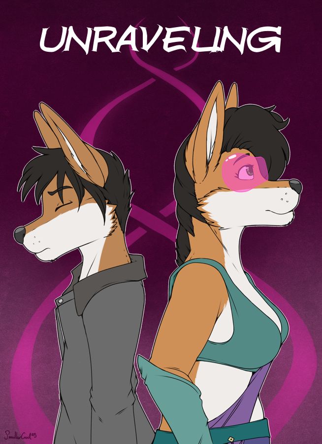 Allen and Sindri stand back to back, the latter free from the shackles of masculinity. Behind them a magenta helix twists into the background