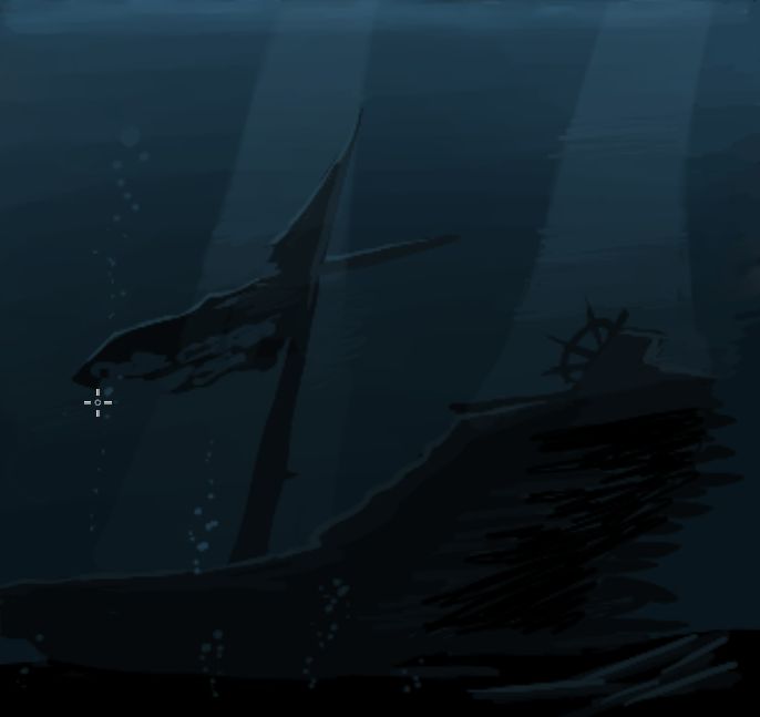 Under the ocean painting I did, there's a sunken ship with rays of sun from above shining down, it's a dark scene. 