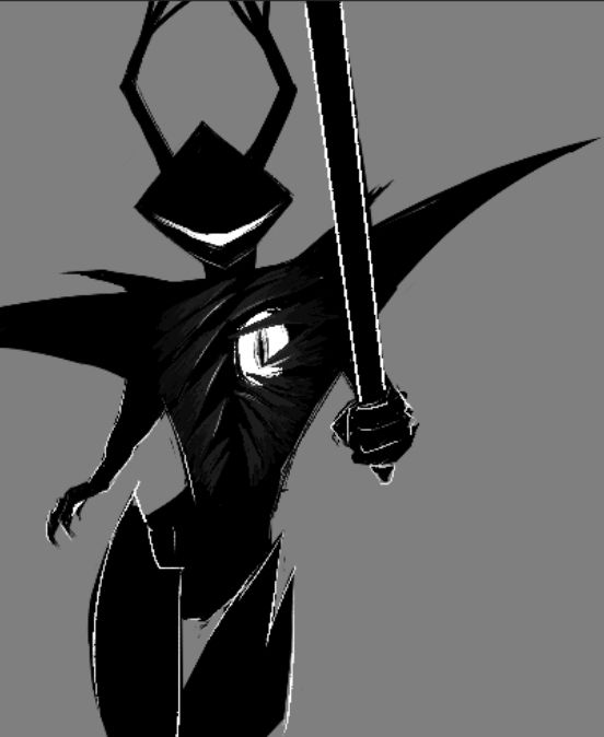 The ROARING KNIGHT from DELTARUNE - it has its sword out, and is approaching the viewer, the rib cage is opening up and you can see the eye gazing at the viewer. 