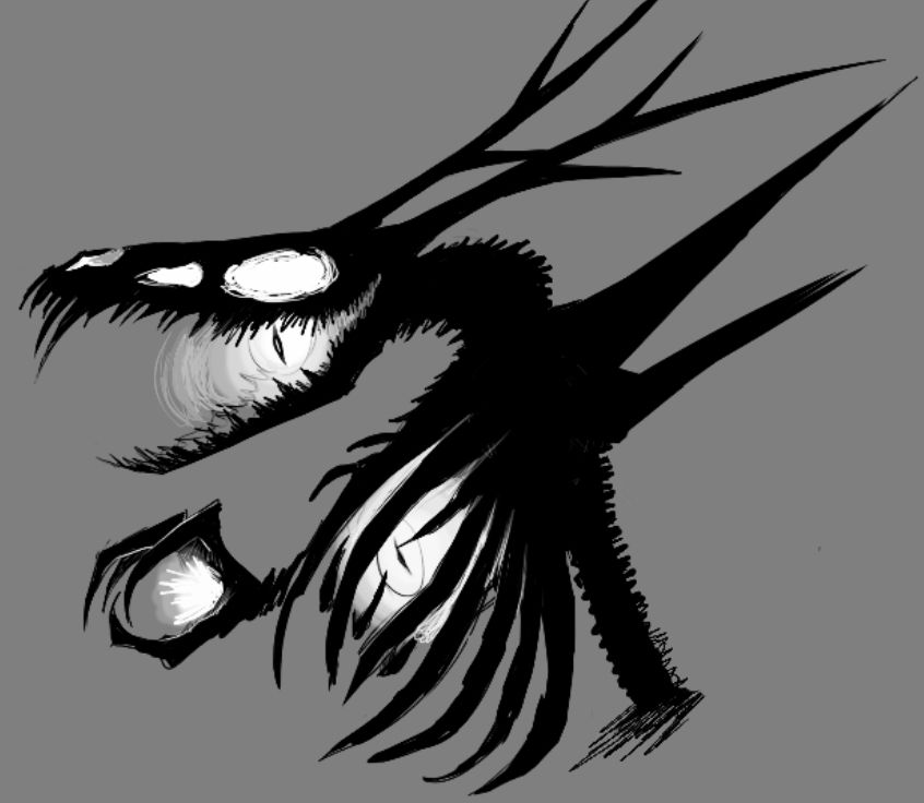The ROARING KNIGHT from DELTARUNE - it's in a more skull shape like when it roars out, and there's the glowing eye in its mouth and rib cage. 