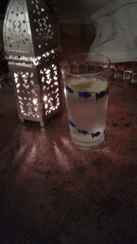 A tall cool glass of non alcoholic gin with tonic and lime. Glass has blue fish painted on it in a spiral pattern. Stands beside a lit cut metal candle holder on a copper table theat reflects the light in patterns. 