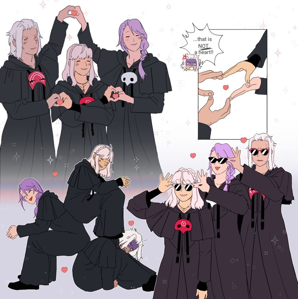 Illustration of 3 pairs of azemethyth doing silly friendship poses too. In the upper right, they fail the heart on purpose...