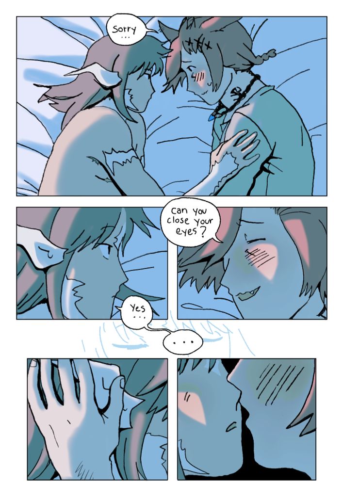 Comic page. Sanwu and g'raha are lying down on a bed and looking at each other. G'raha is blushing and says "sorry... can you close your eyes?" Sanwu looks at him without a blink, then proceeds to close their eyes. G'raha gently grabs their head by the horns, they are about to kiss, but the comic stops right there... (because i am evil)