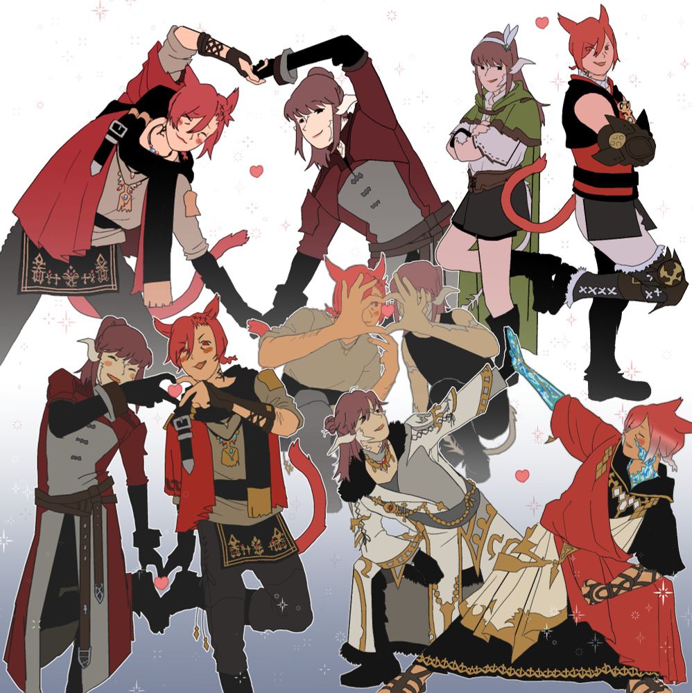 Illustration of 5 pairs of different sanraha. All of them are doing a silly friendship pose!