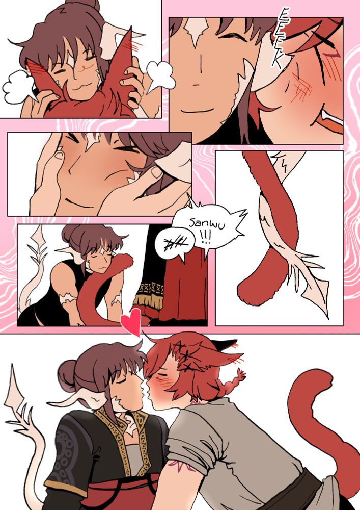 Comic page of sanwu and g'raha loving each others... it shows sanwu playing with g'raha's ears. Them rubbing their horn against his cheek. G'raha taking sanwu's cheeks in his hands. Sanwu playing with g'raha's tail. Their both tails holding, and lastly, g'raha trying to kiss sanwu. They always look happy <3