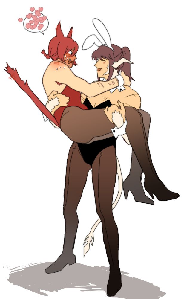 Illustration of sanwu carrying g'raha in their arms. They're both in some kind of bunny suit. Sanwu looks very happy and g'raha is super embarrassed. 