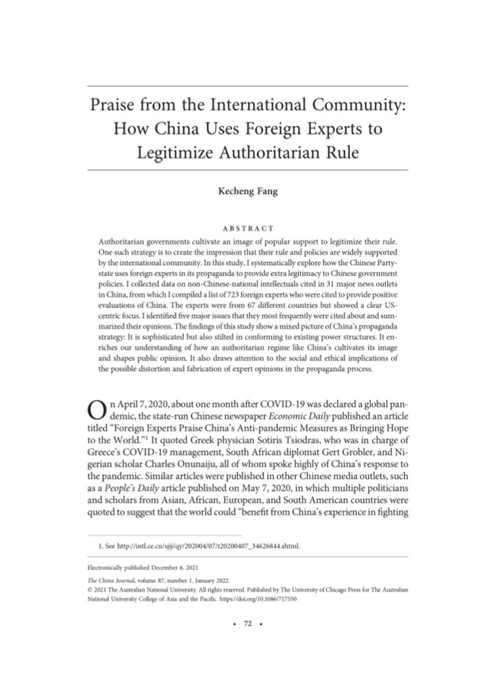 (PDF) Praise from the International Community: How China Uses Foreign Experts to Legitimize Authoritarian Rule