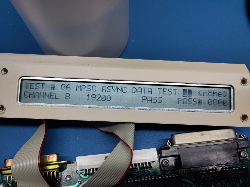 Self test screen for the MPSC ASYNC DATA TEST CHANNEL B, running at 19200 baud passed. That failed last time