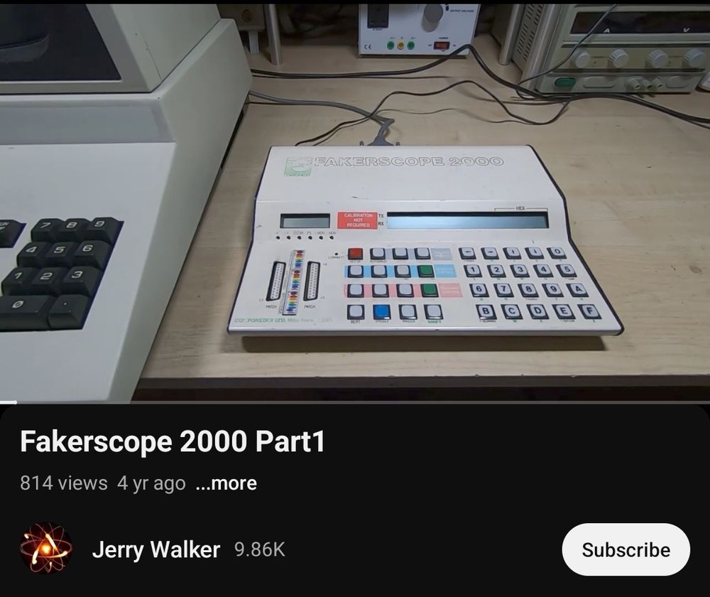Screenshot of a video by Jerry Walker called "Fakerscope 2000 Part1", showing a similar unit with the Fakerscope 2000 name rather than the RS branding.
