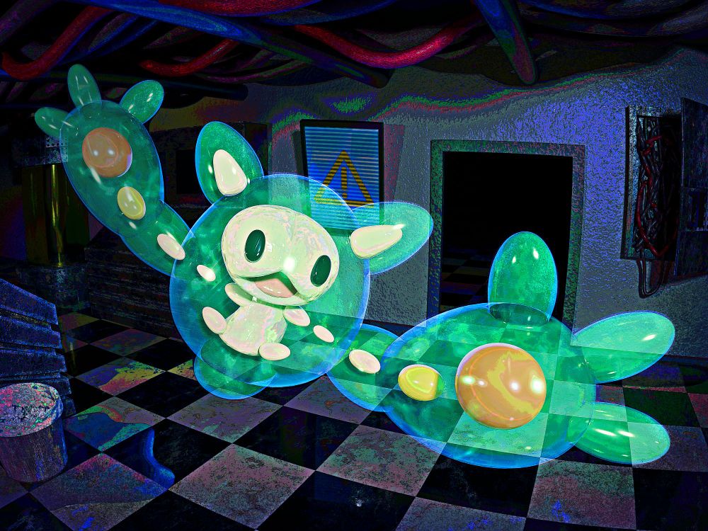 A 3D render of the Pokemon Reuniclus floating down an eerie laboratory hallway. 