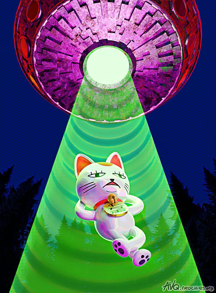 Turbo Granny, a porcelain lucky cat from the Anime / Manga DanDaDan, in reclining in a UFO's tractor beam. The image is a 3d render made in Blender.