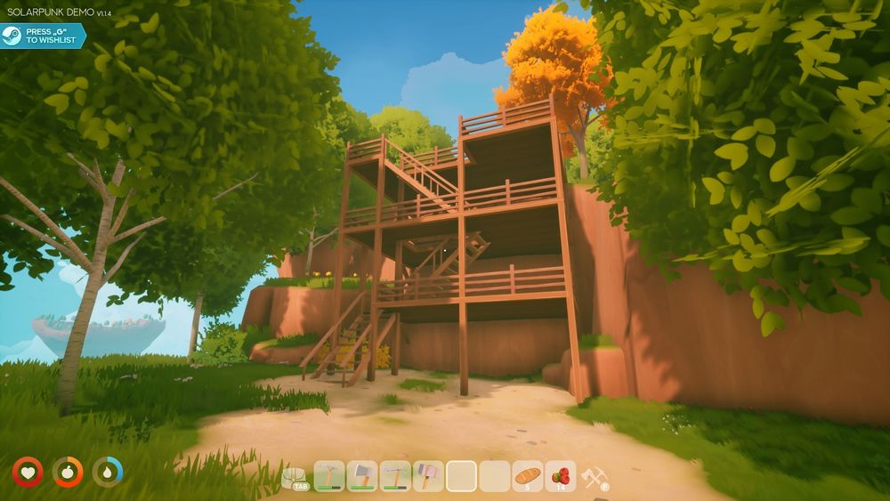 an overly complicated staircase on the side of a cliff in the video game Solarpunk 