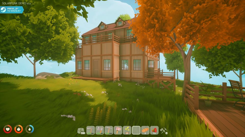 a 2 story house settled between 2 large trees in the video game Solarpunk 