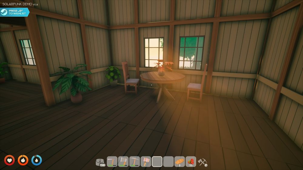 morning sun shining through 2 windows over a small dining area in the video game Solarpunk 