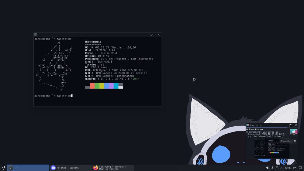 a fastfetch screenshot of my new pc

it shows an amd ryzen 7700, an amd radeon rx 7600 xt, 32gb of ram, and 2tb of nvme storage 