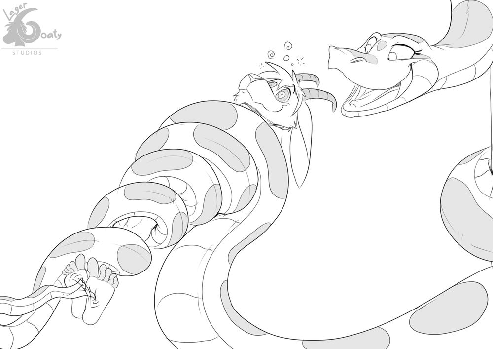 little sketch sequence for @igizzy.bsky.social 

Lager should know better when getting mixed up with hypnotic tickling snakes!
#furry #art #furryart #vore #snake #hypnosis