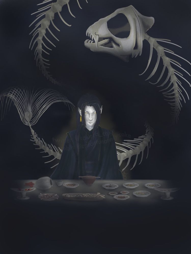 He Xuan sits at a table strewn with empty plates, only scraps and bones remaining from a feast. The room is dark, and a bonefish coils out of the blackness behind him