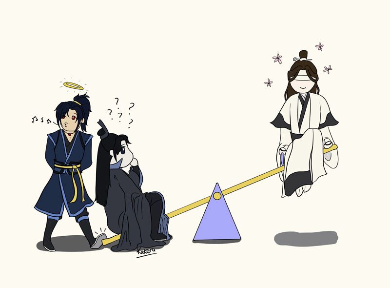 Song Lan and Xiao Xinchen sit on a see-saw. Xiao Xinchen’s end is raised in the air, he has his eyes bandaged and is smiling obliviously. Song Lan’s end is on the ground. Hehas one hand to his chin in confusion, and question marks around his head. Behind him, Xue Yang is holding Song Lan’s end of the see-saw down with his foot. He is looking aside and innocently whistling a tune. There is a halo above his head.