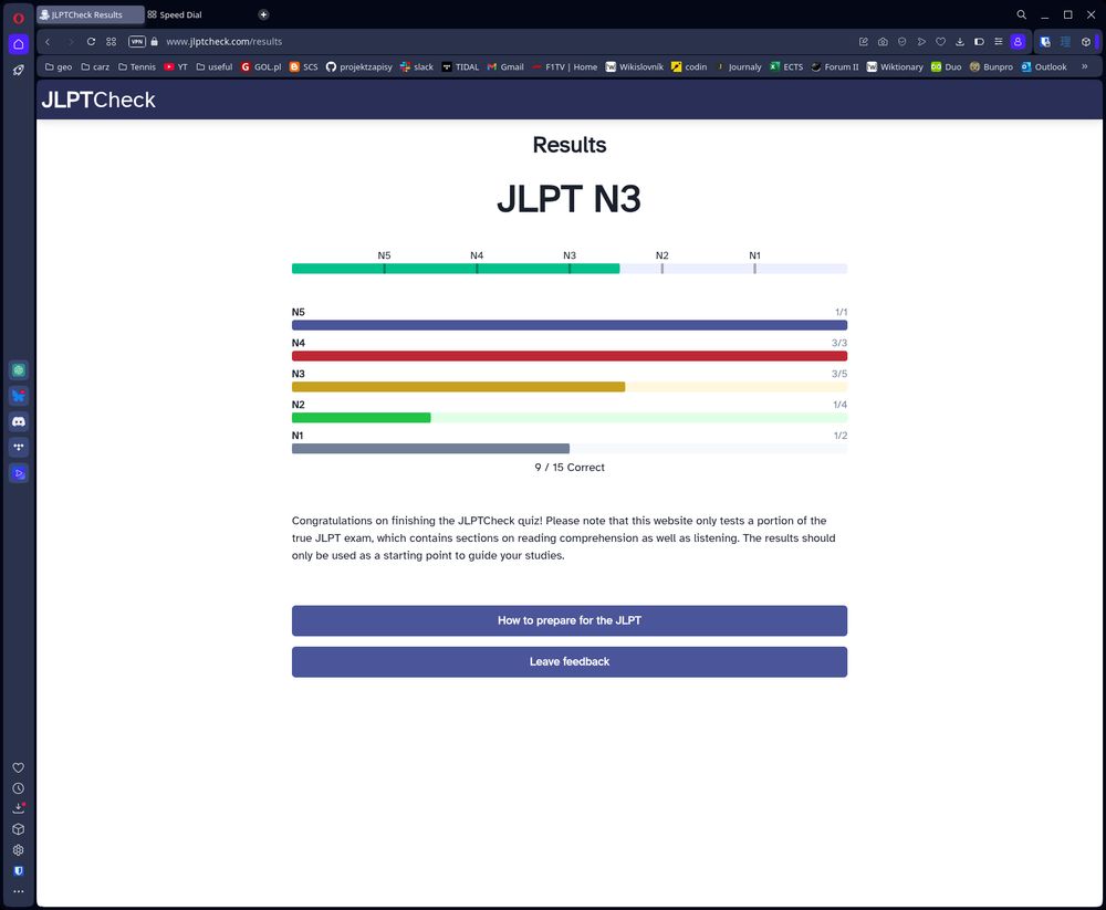 jlptcheck.com results
green bar halfway between N3 and N2
N5 1/1
N4 3/3
N3 3/5
N2 1/4
N1 1/2
Overall 9/15 correct