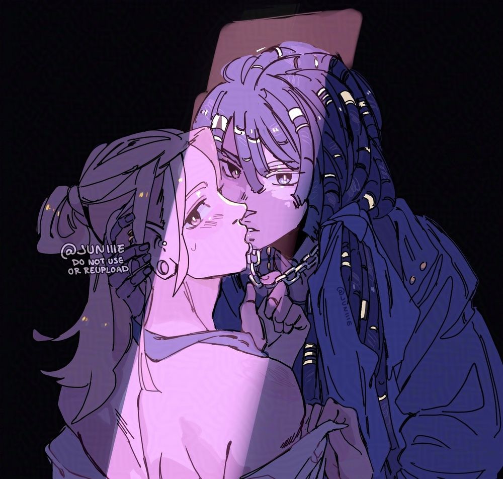 Digital illustration of mine and my friend's ocs making out in the dark as someone suddenly opens the door. Tommy (left) belongs to @Eicaxy! Liam (right) is mine 