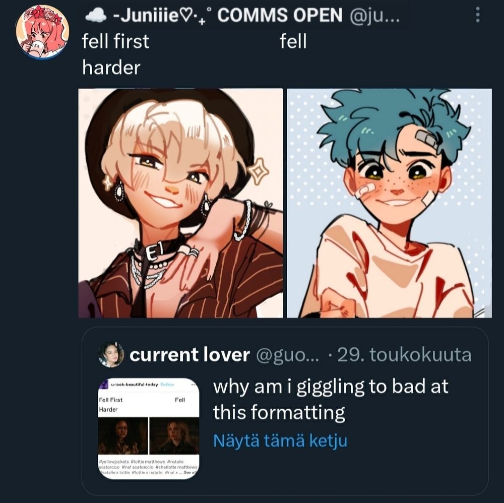 Fake screenshot of a formatting gone wrong meme with art of my and my friend's OCs. The text over Rivenn reads "Fell first harder" and the text over the Tyson reads "fell", implying its misformatted version of the original "fell first - fell harder" meme