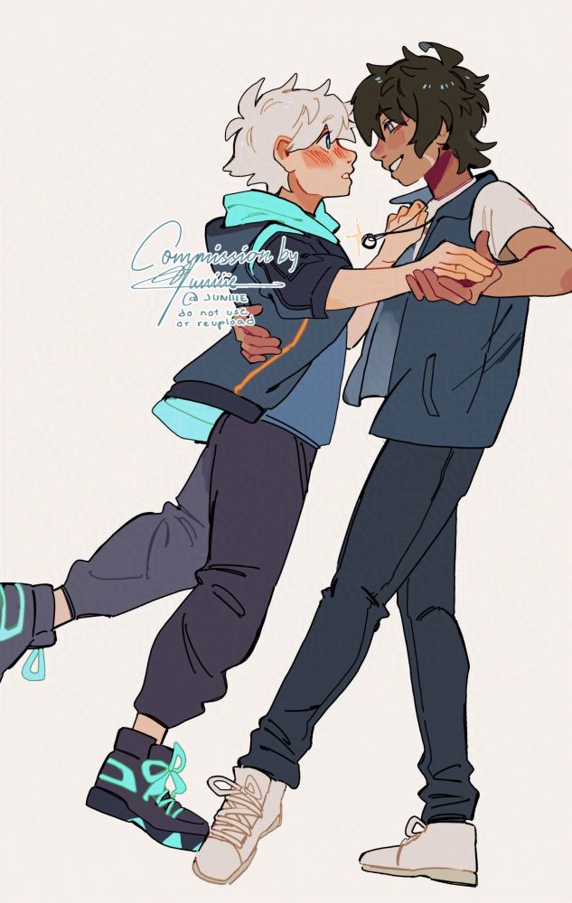 Full body flat colored commission of @Clockworkcanine's two OCs where Nikos is pulling Toraki in his arms inviting him to dance. 