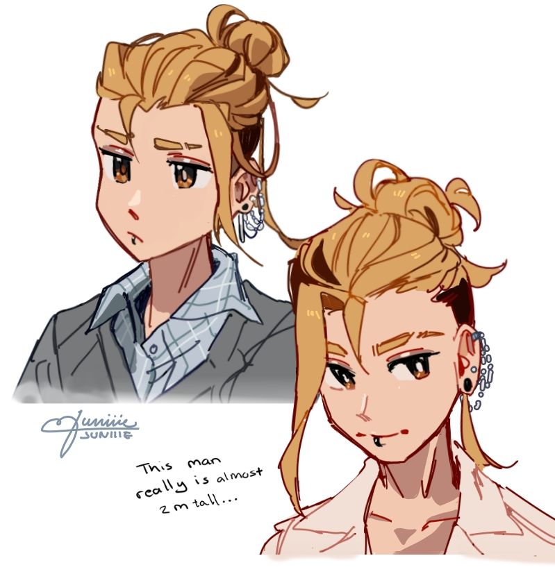 Two colored illustrations of blond haired man, with a bunch of earrings and facial jewelry. His hair is tied into a bun. OC belongs to Eicaxy!