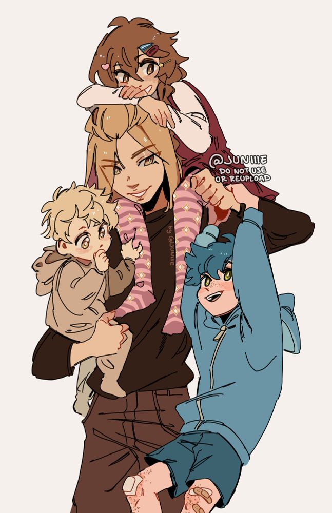 Digital art of four siblings. This is them much younger way earlier in the timeline, when most of them were still kids. The names from top to bottom: Esme, Tommy, Nick and Tyson. All the characters belong to @eicaxy! 