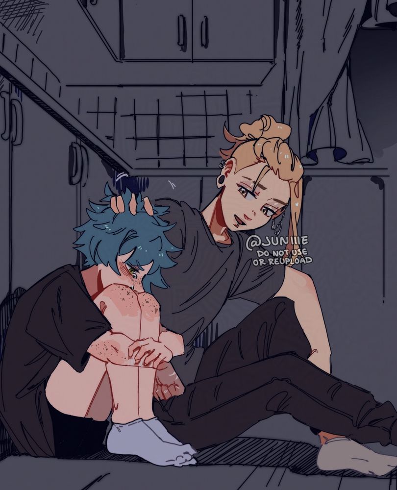 Digital illustration of Tyson and Tommy sitting on the kitchen floor at middle of the night. Both of the characters belong to Eicaxy!